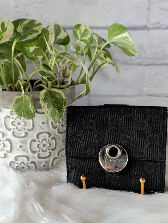 Gucci Handbags - Authentic Gucci Black Monogram Canvas Compact Wallet with Silver-Tone Disc Snap